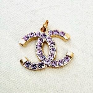 Chanel Gold and Lilac Purple Crystal, Rhinestone Pendant, Charm, CC Logo